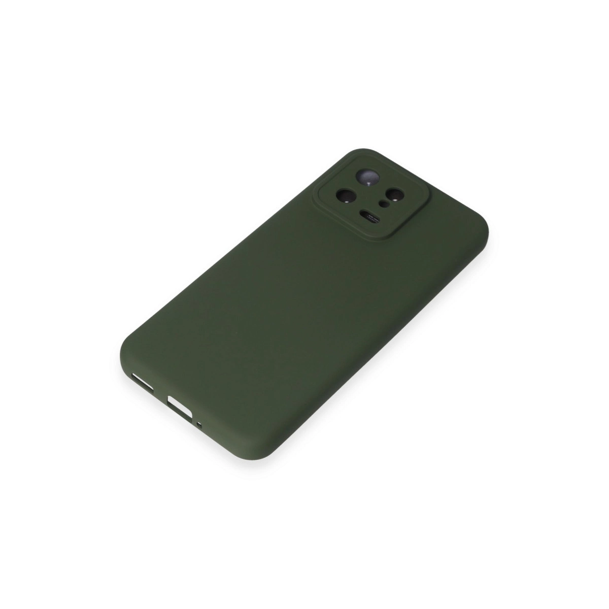 Beyaz arka plan üzerinde dikdörtgen kamera modülüne sahip koyu yeşil telefon kılıfı.