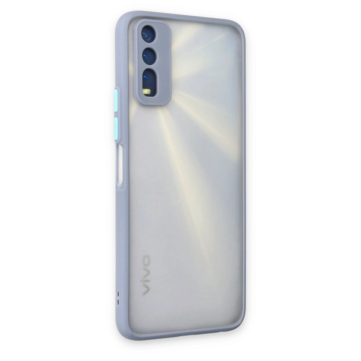 Üçlü kamera ve VIVO logolu gri telefon kılıfı.