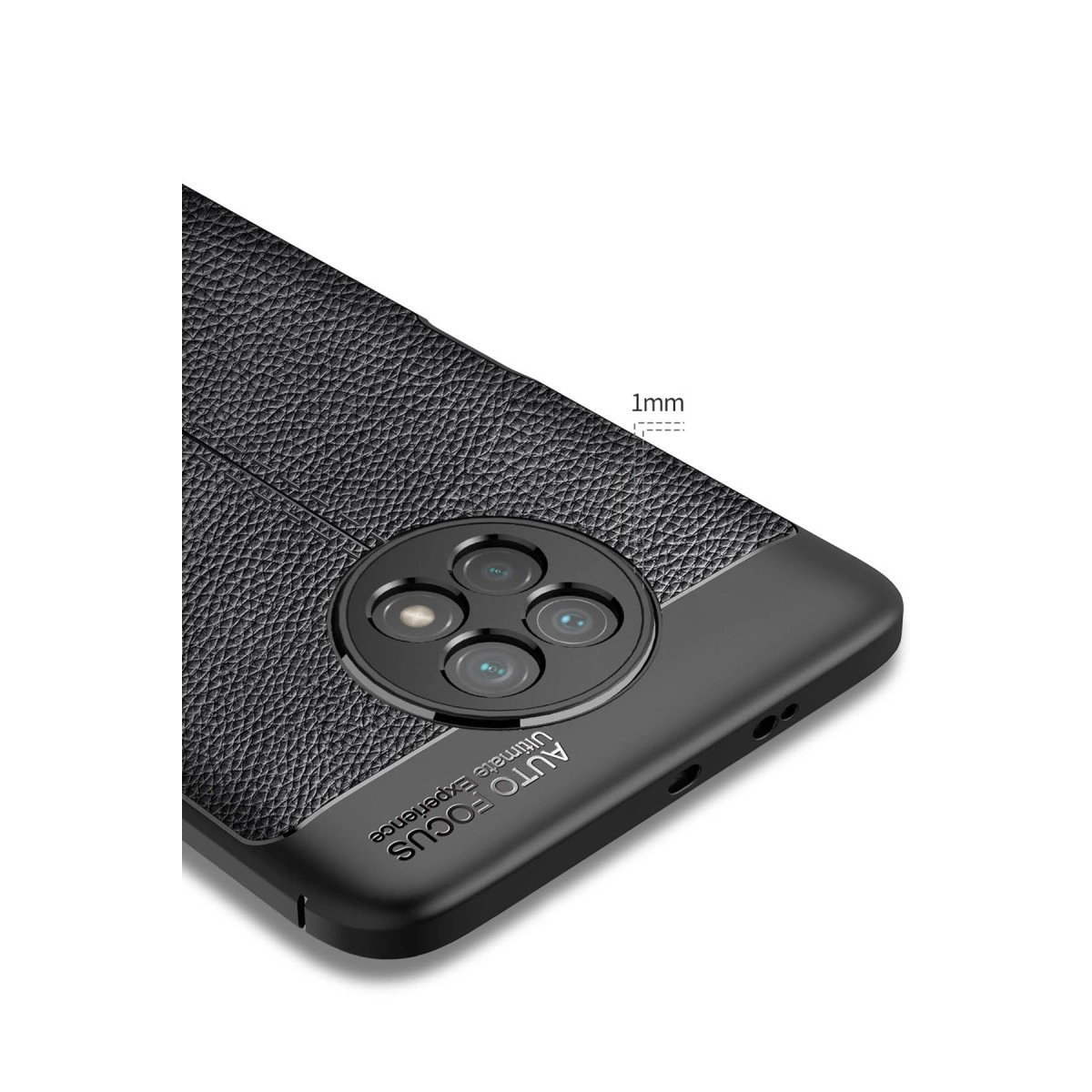 Doku detaylı siyah telefon kılıfı, kamera kesimi ve yazı.