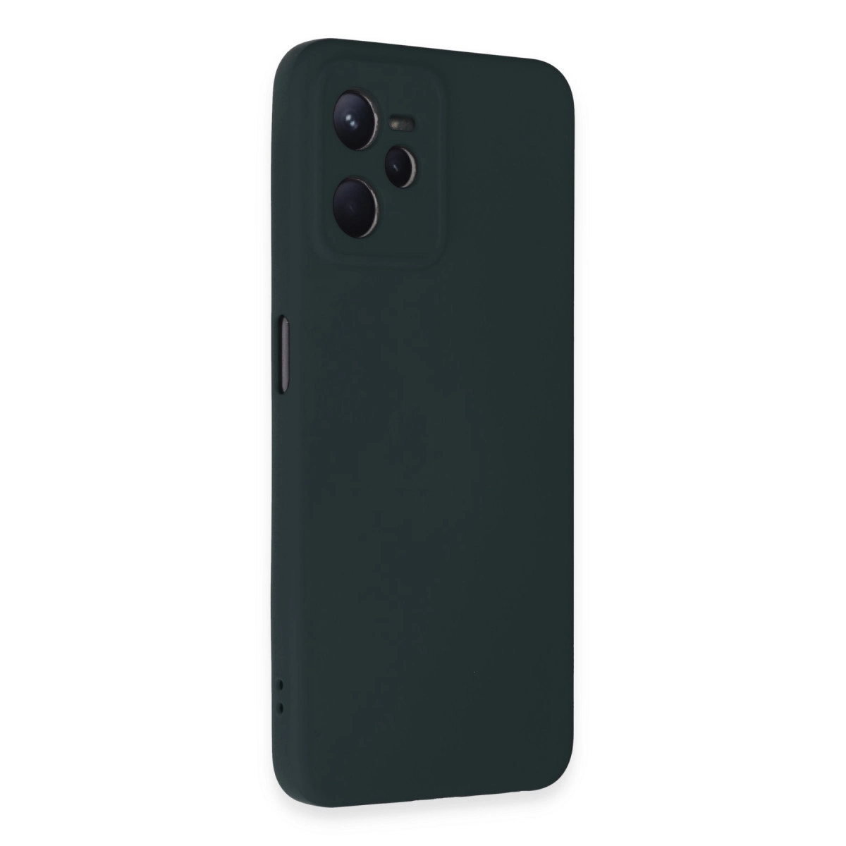 Arkada üçlü kamera kesiği bulunan koyu gri telefon kılıfı.