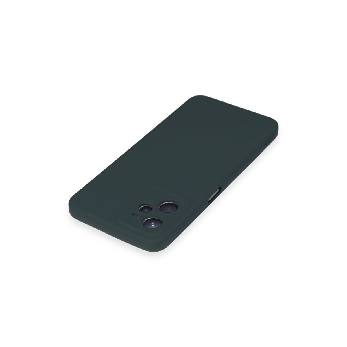 Beyaz arka plan üzerinde üç kamera lensli koyu gri telefon kılıfı.
