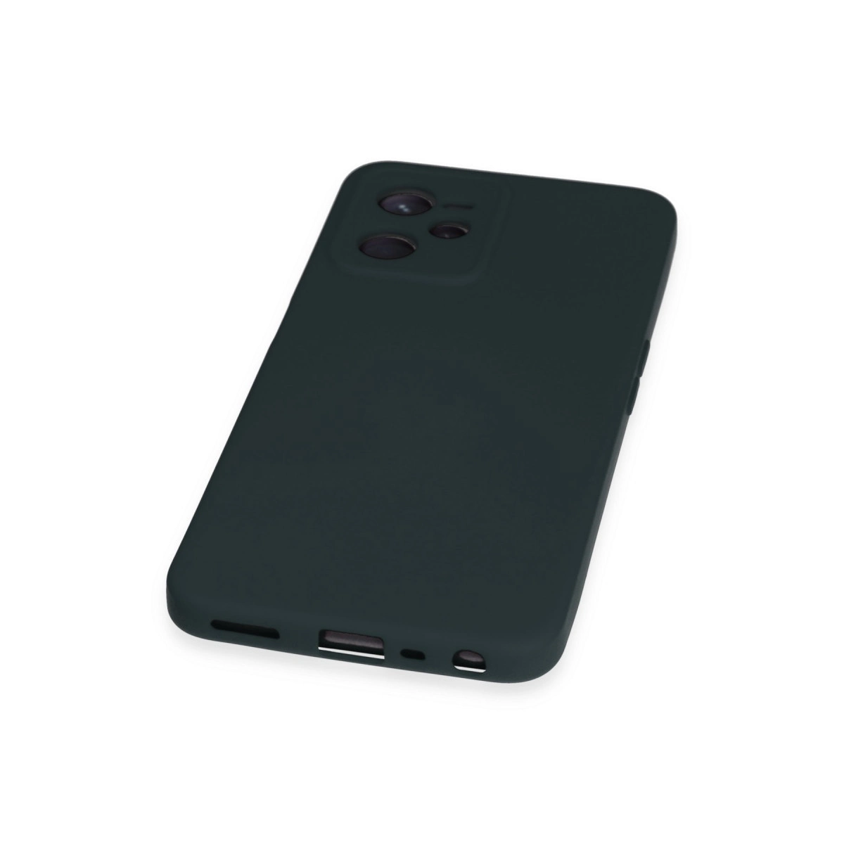 Kamera kesimli koyu yeşil telefon kılıfı, beyaz zeminde.