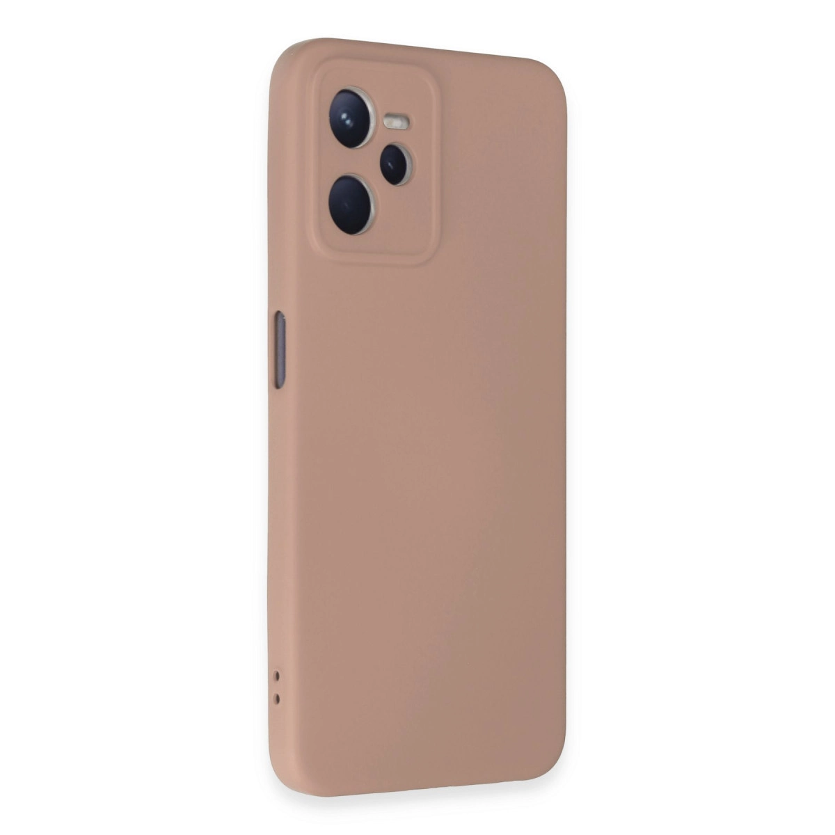 Üç kamera lensli pembe telefon kılıfı beyaz arka planda gösteriliyor.
