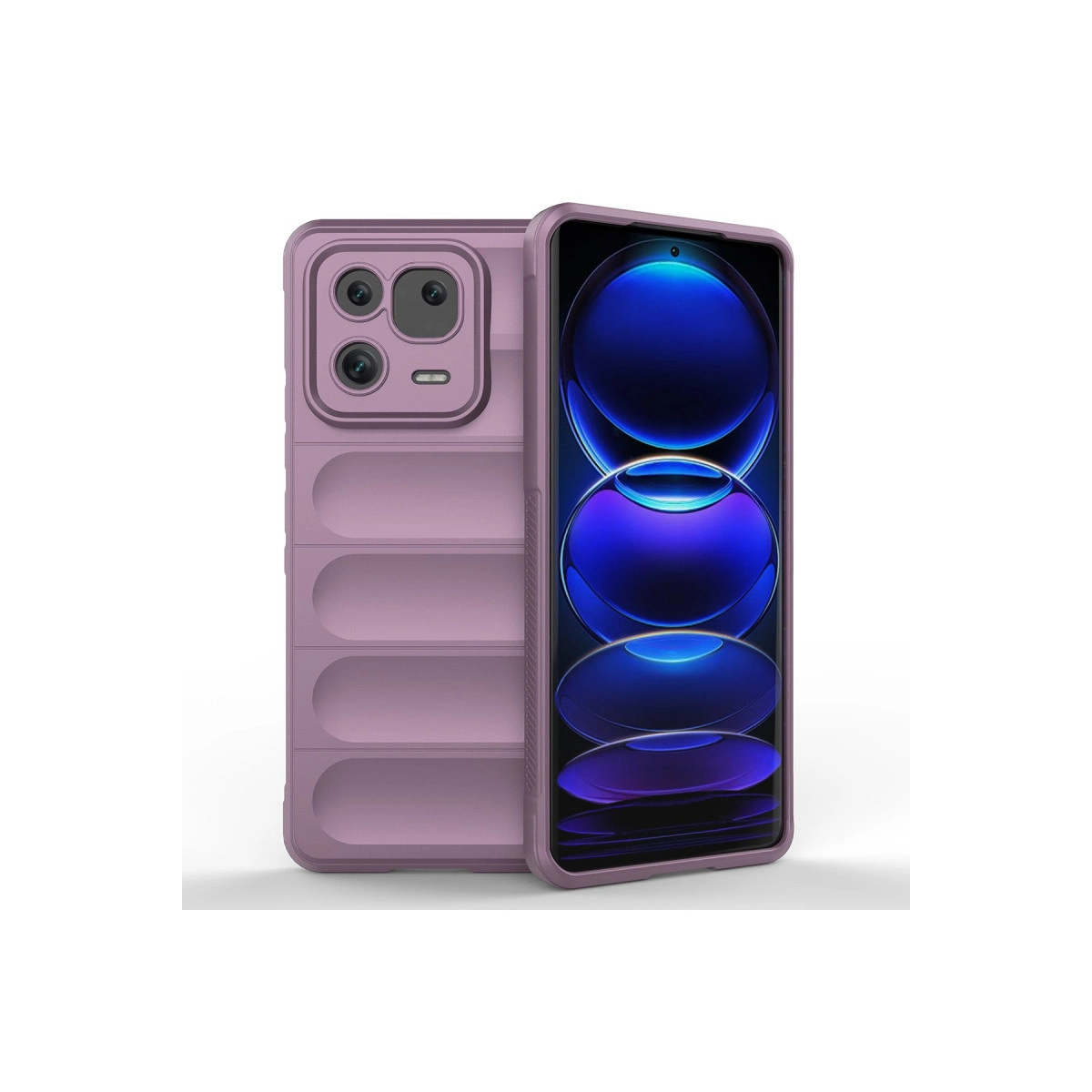 Mor telefon kılıfı, beyaz arka plan üzerinde kamera ve parlak ekran.