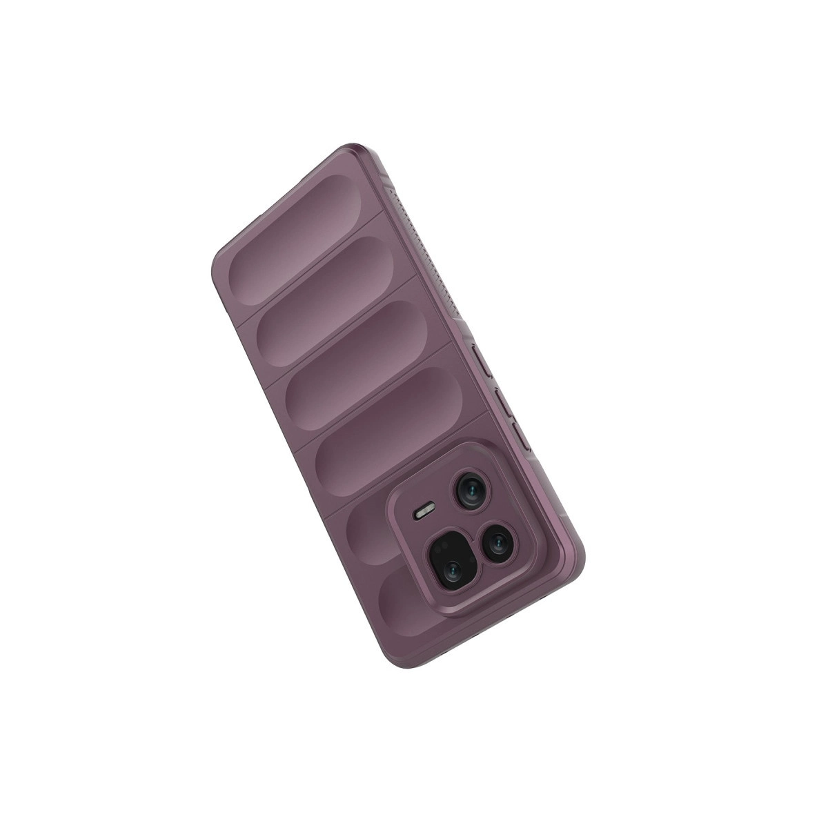 Beyaz arka plan üzerinde dört çıkıntılı ve kamera kesimli mor telefon kılıfı.