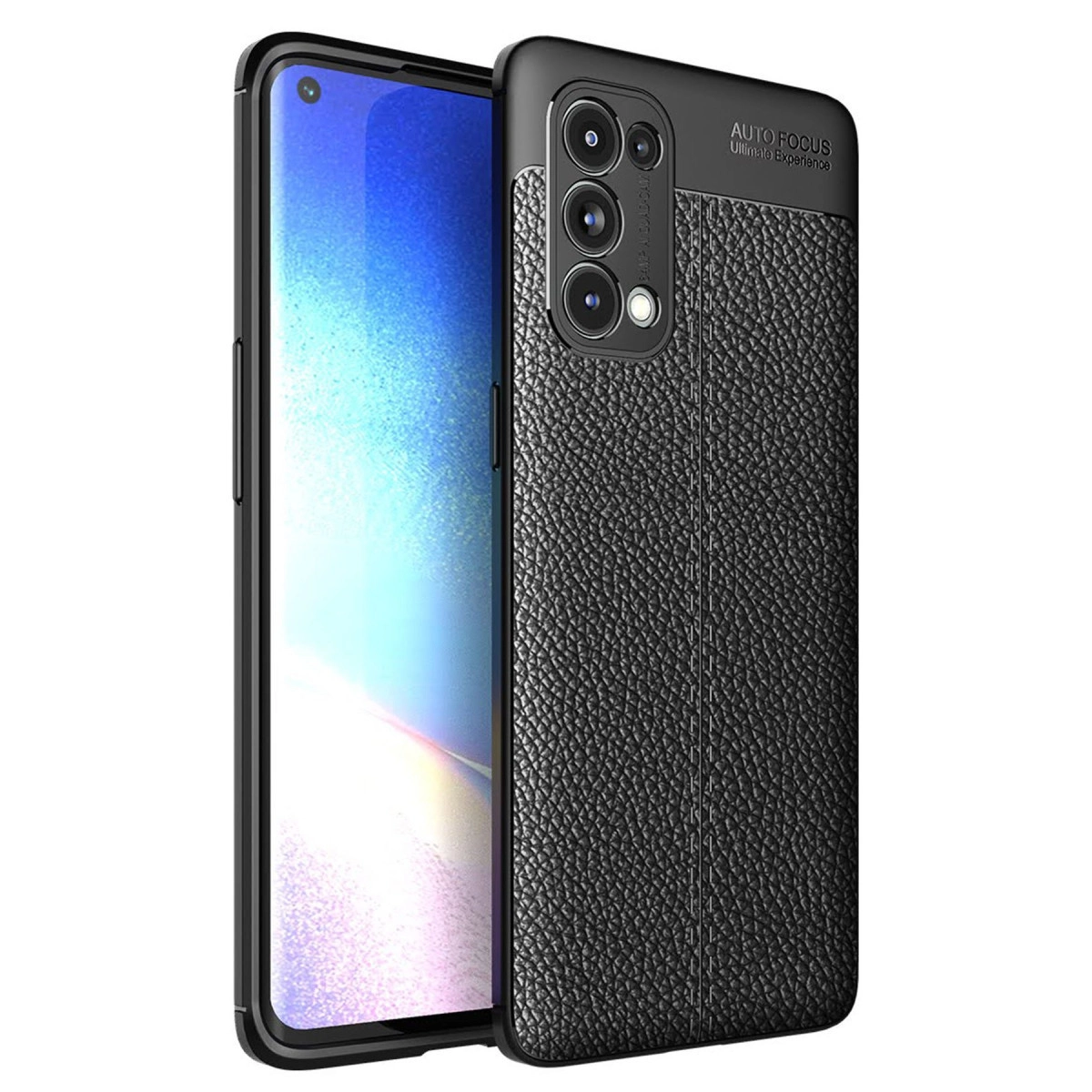 Deri dokulu kılıflı ve kamera lensli siyah telefon.