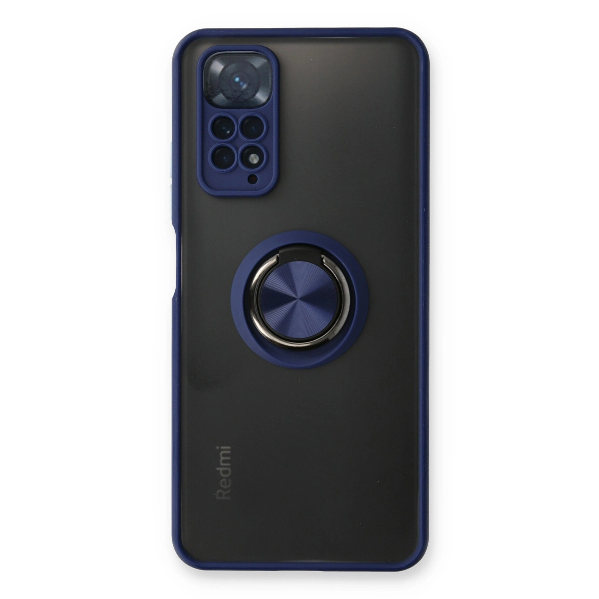Mavi kamera çevresi ve halka tutuculu siyah telefon kılıfı.