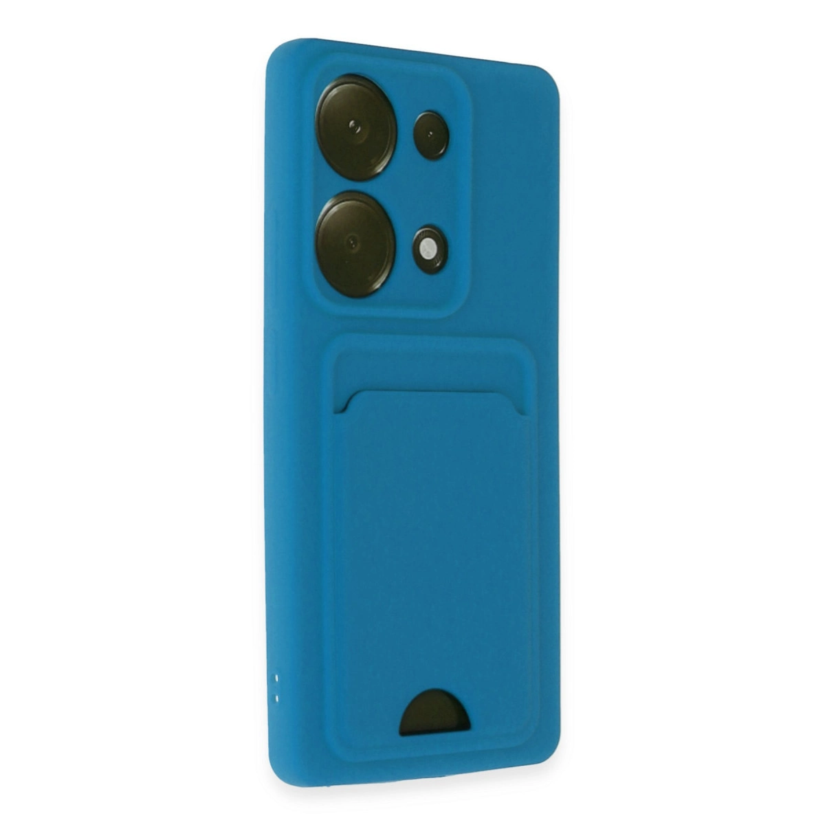 Kamera modüllü ve kart yuvalı mavi telefon kılıfı.