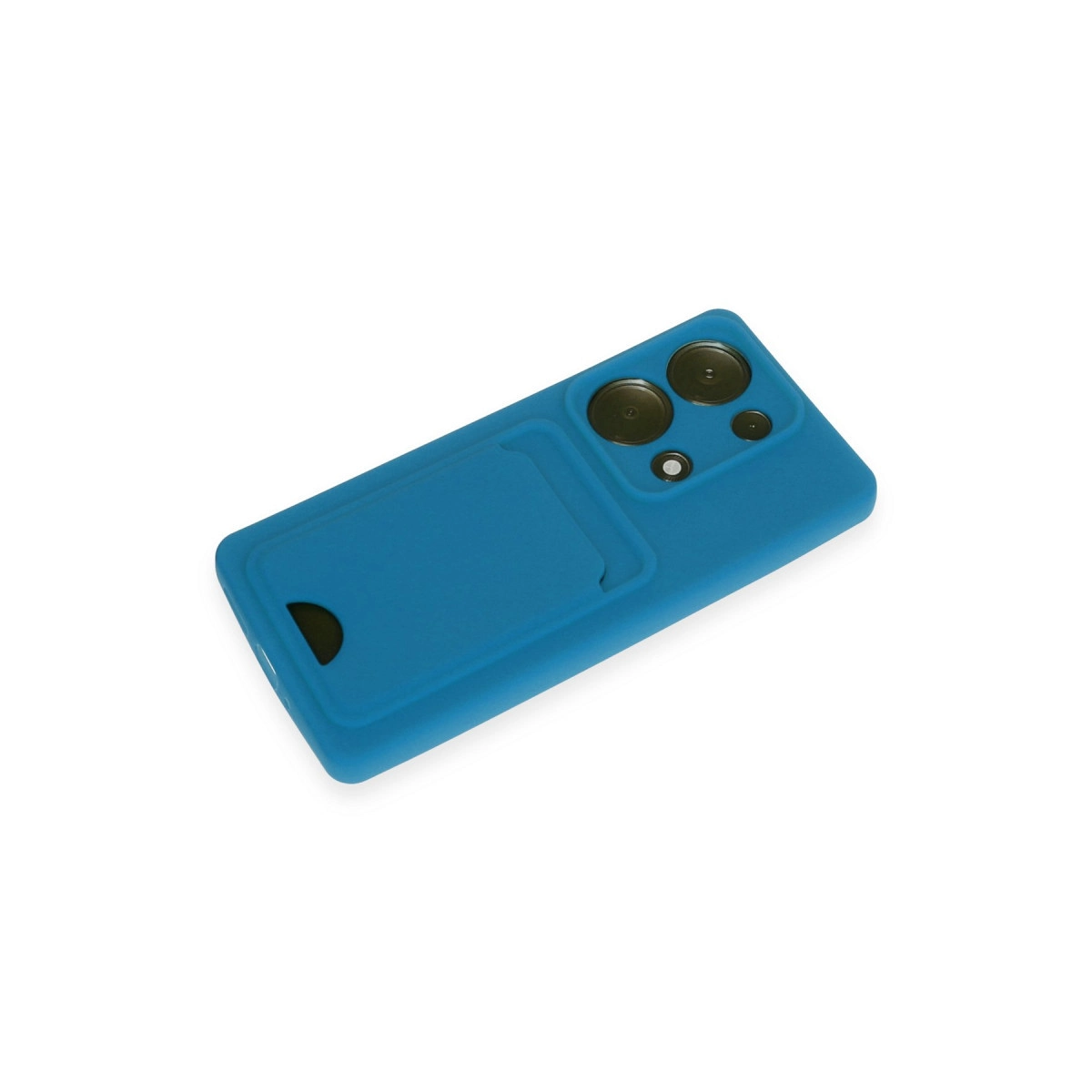 Kart yuvalı ve kamera kesimli mavi telefon kılıfı beyaz zeminde.