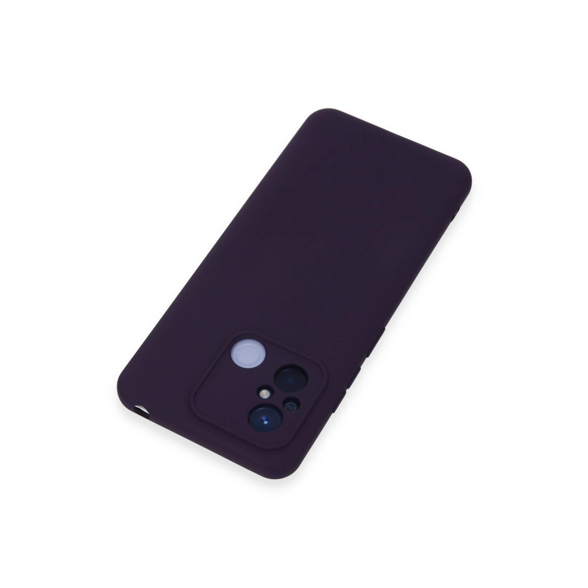 Kamera oyuntulu ve üç lensli koyu mor telefon kılıfı.