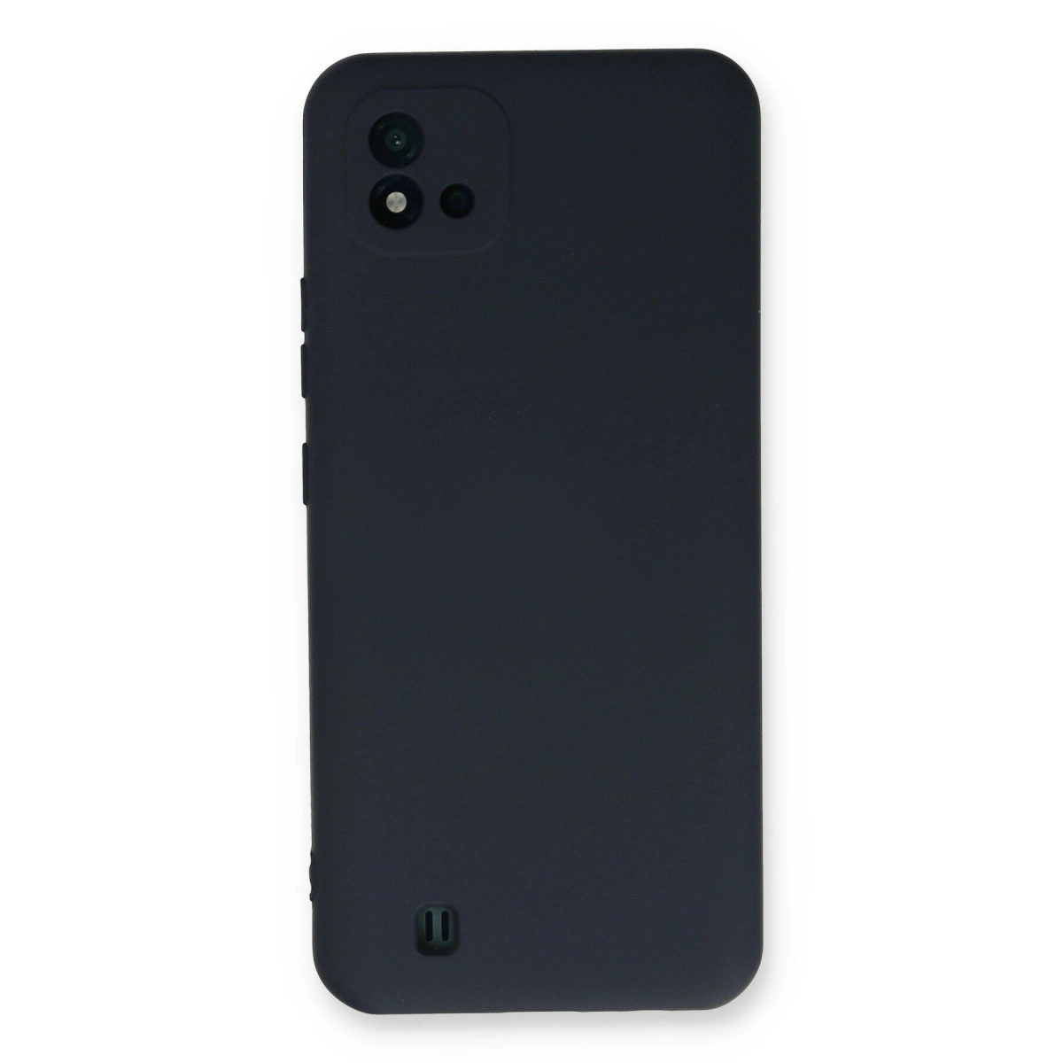 Koyu gri telefon kılıfı, sol üstte üç kamera ve altta şarj bağlantı noktası bulunur.