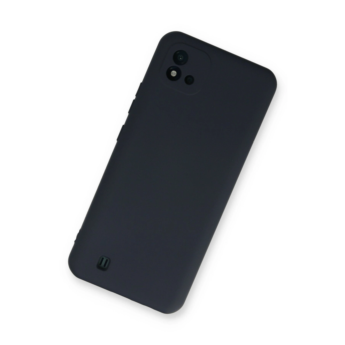 Arkada iki kamerası olan koyu renkli akıllı telefon, beyaz zeminde.
