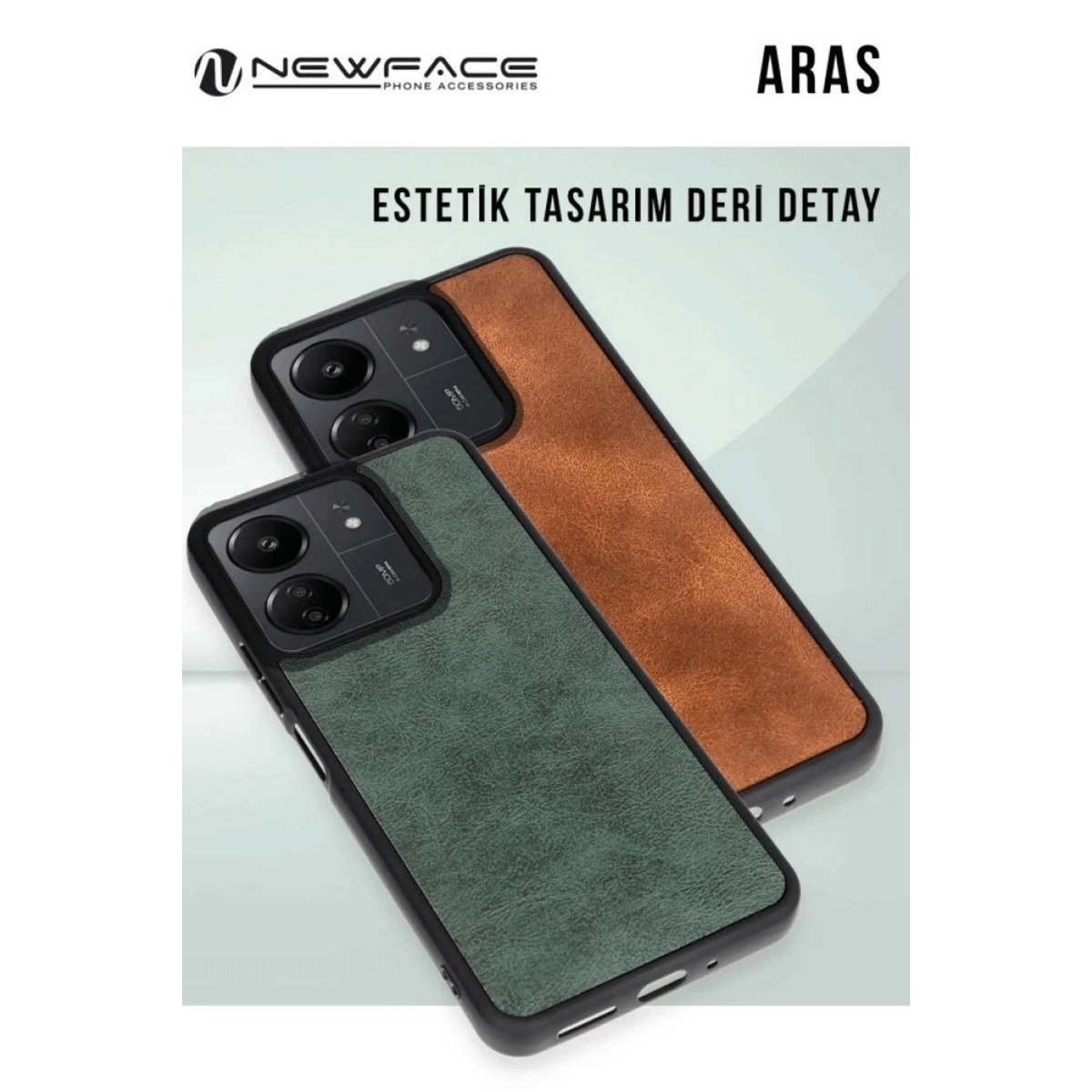 Deri görünümlü iki telefon kılıfı, biri yeşil, biri kahverengi.