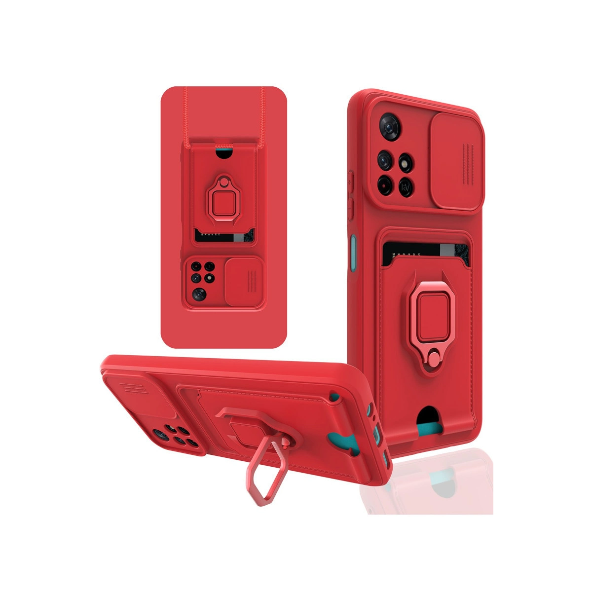 Kart tutuculu, halkalı stantlı ve kamera lens kapaklı kırmızı telefon kılıfı.
