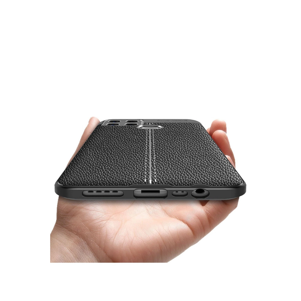 Siyah dokulu telefon kılıfı elde tutuluyor. Dikişli.