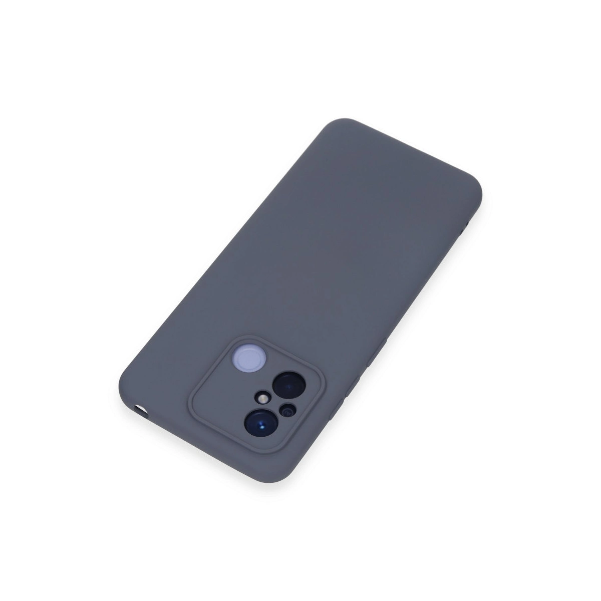 Kamera kesimli gri telefon kılıfı, beyaz zeminde.