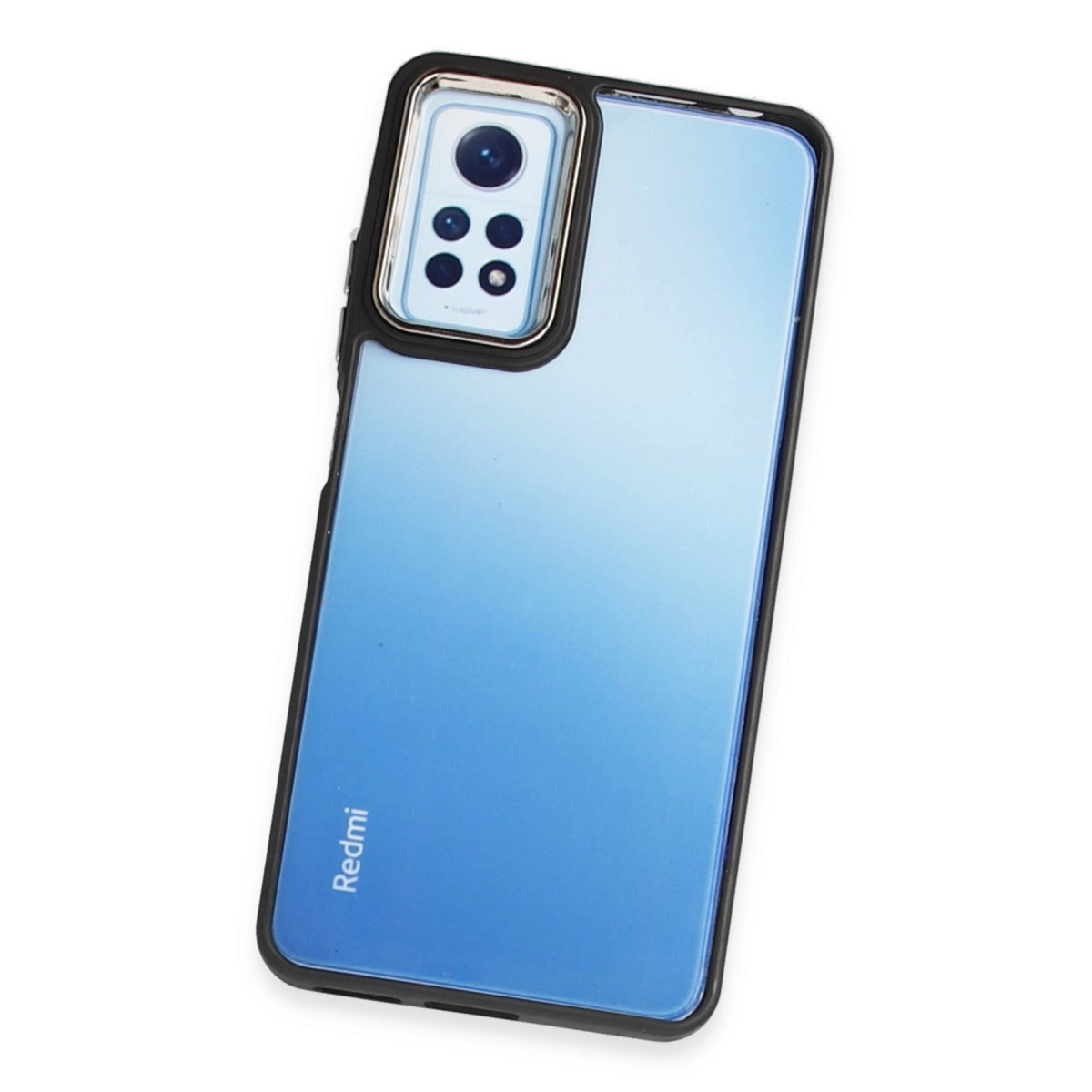Arkada kamera lensleri ve siyah çerçeveli mavi akıllı telefon.