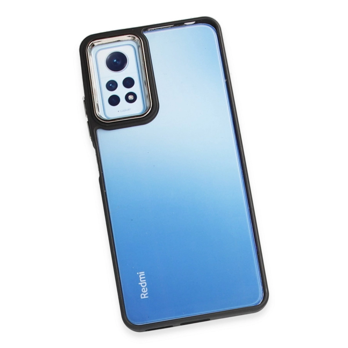 Belirgin kamera modülüne sahip siyah kılıflı mavi Redmi akıllı telefon.