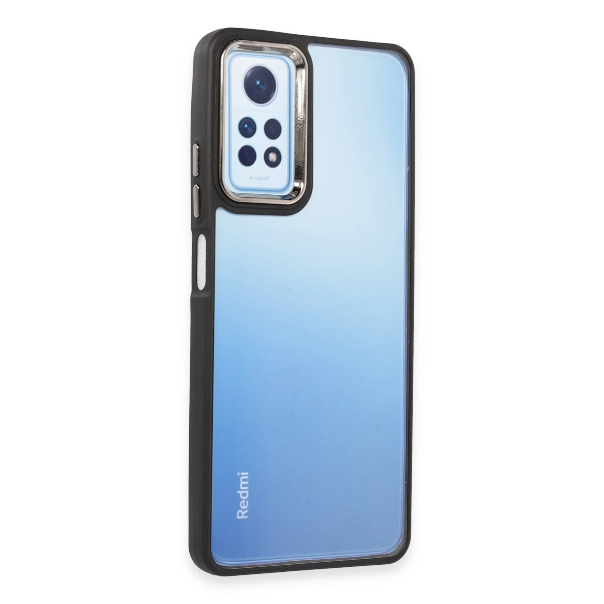 Siyah çerçeveli ve kamera modüllü mavi telefon kılıfı.