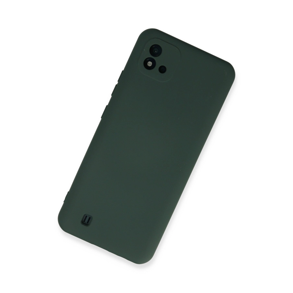Üç kameralı ve logolu koyu yeşil telefon kılıfı beyaz arka plan üzerinde.