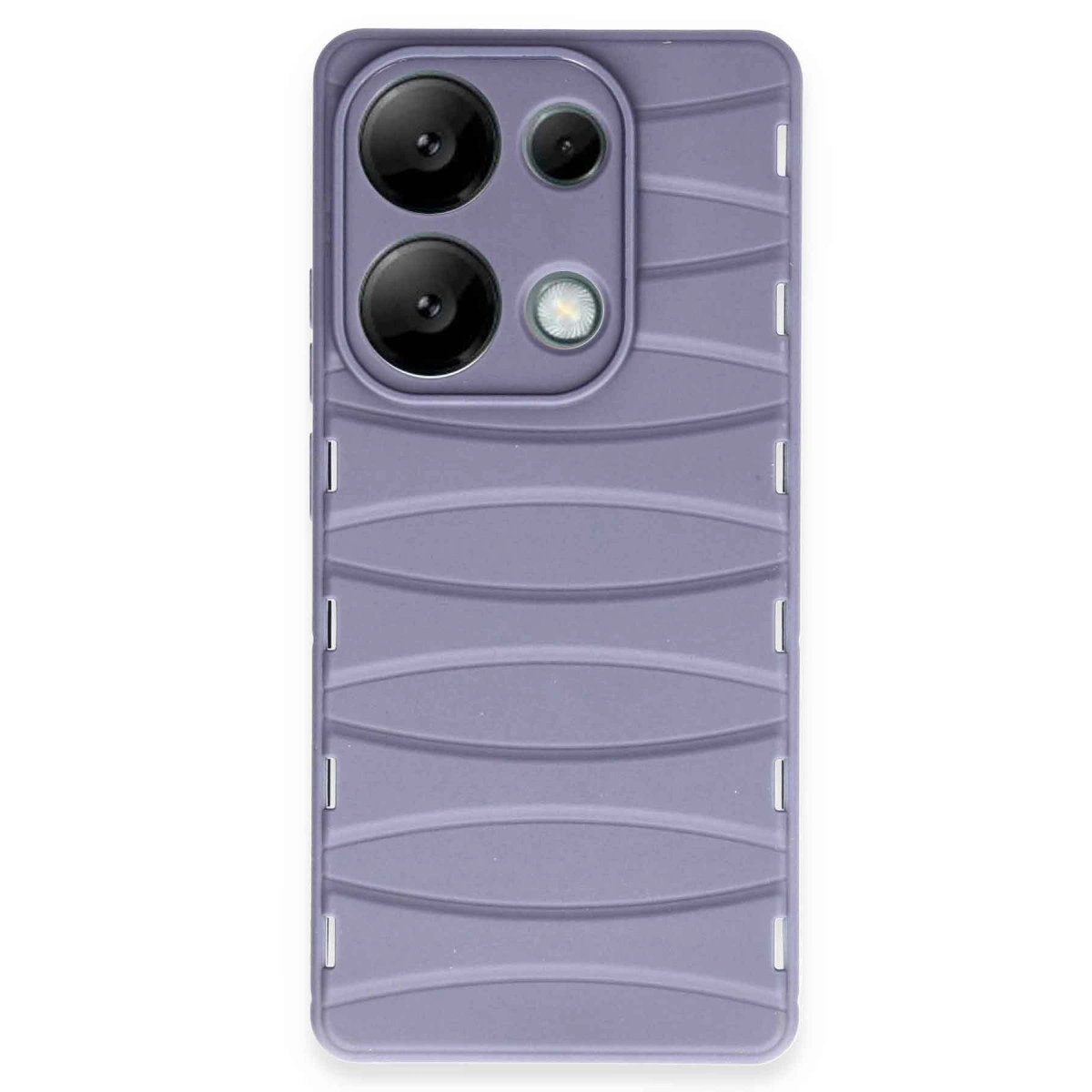 Dalga desenli ve kamera oyuklu mor telefon kılıfı.