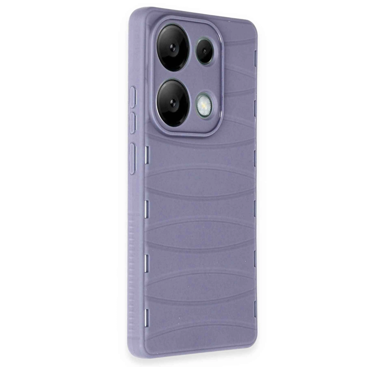 Dalgalı desenli ve kamera kesimli mor telefon kılıfı.