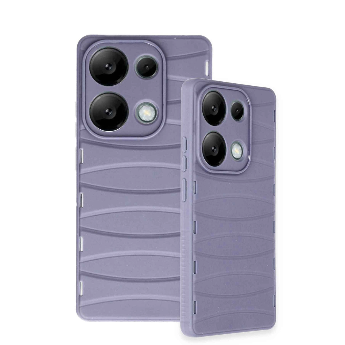 Dalga desenli ve kamera modüllü iki mor telefon kılıfı.