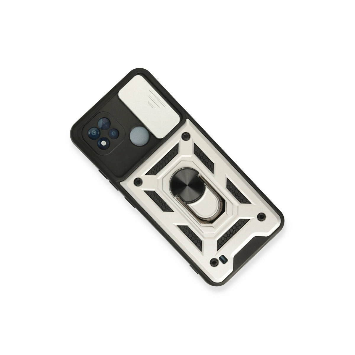 Beyaz arka plan üzerinde gümüş halka ve kamera kesimli siyah telefon kılıfı.