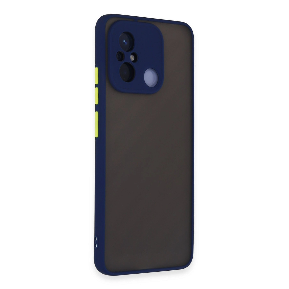 Koyu mavi kenarlı ve kamera yuvalı koyu gri telefon kılıfı.