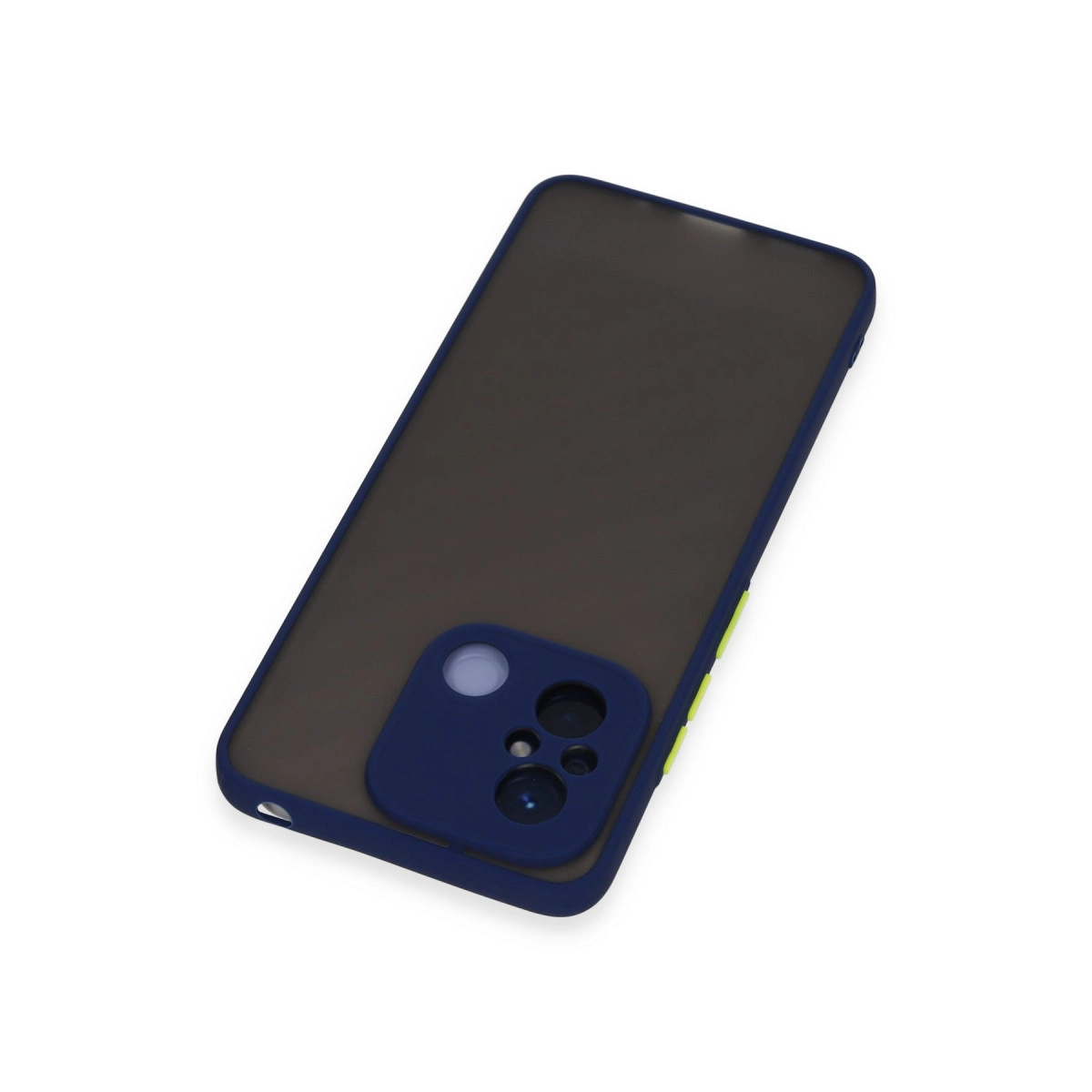 Mat arkalıklı ve kamera lens kesimli lacivert telefon kılıfı.