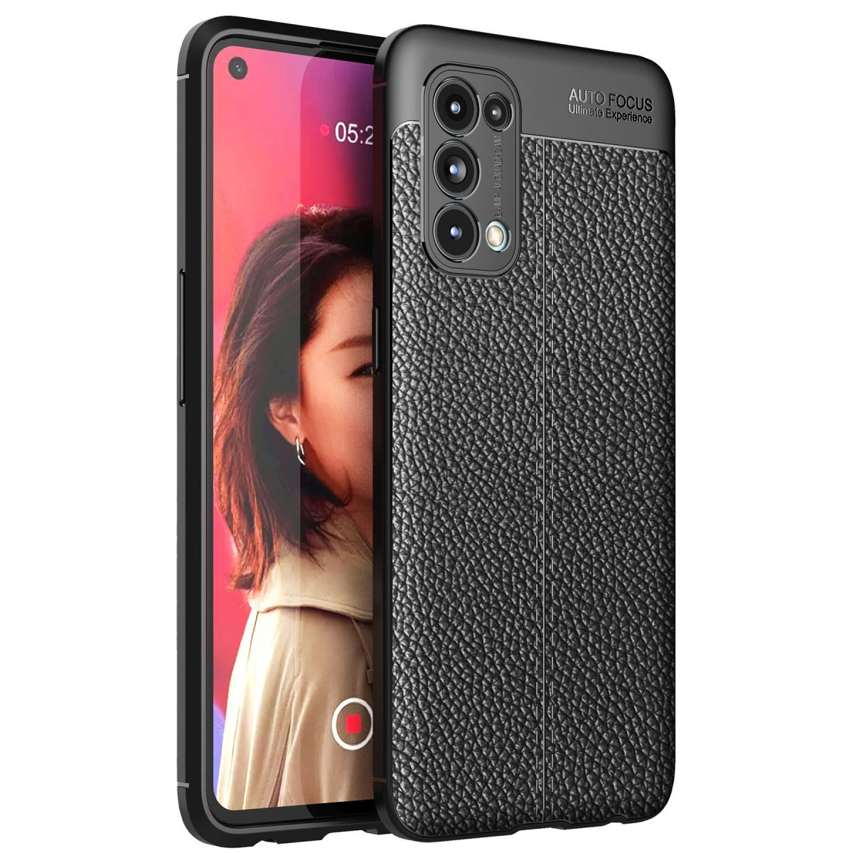 Görünür kamera modülüne sahip siyah deri dokulu telefon kılıfı.
