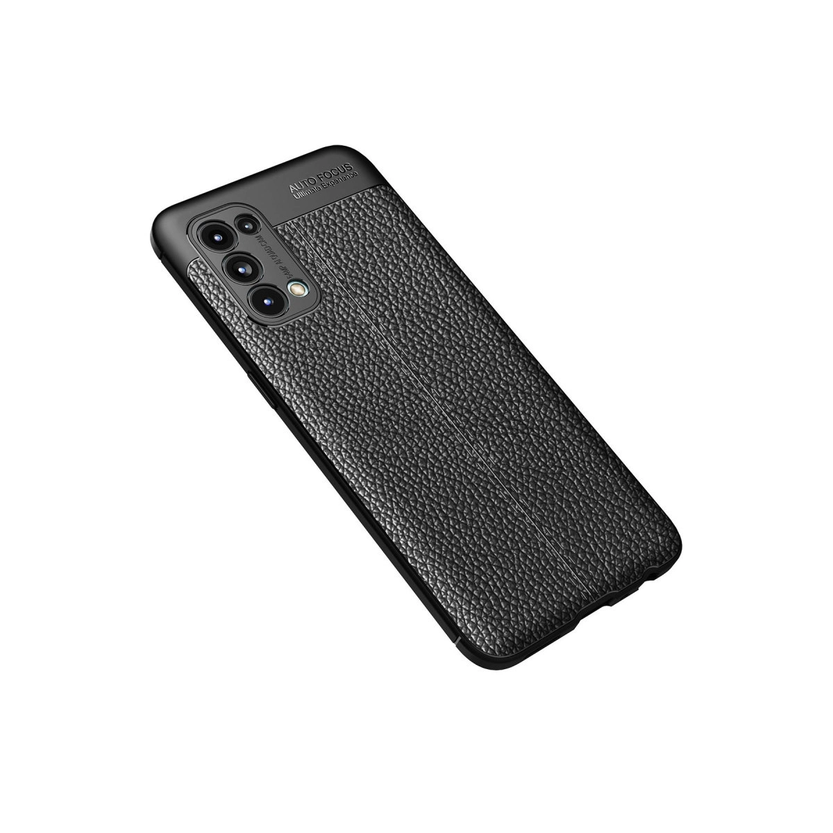 Deri dokulu, kamera kesimli siyah telefon kılıfı.