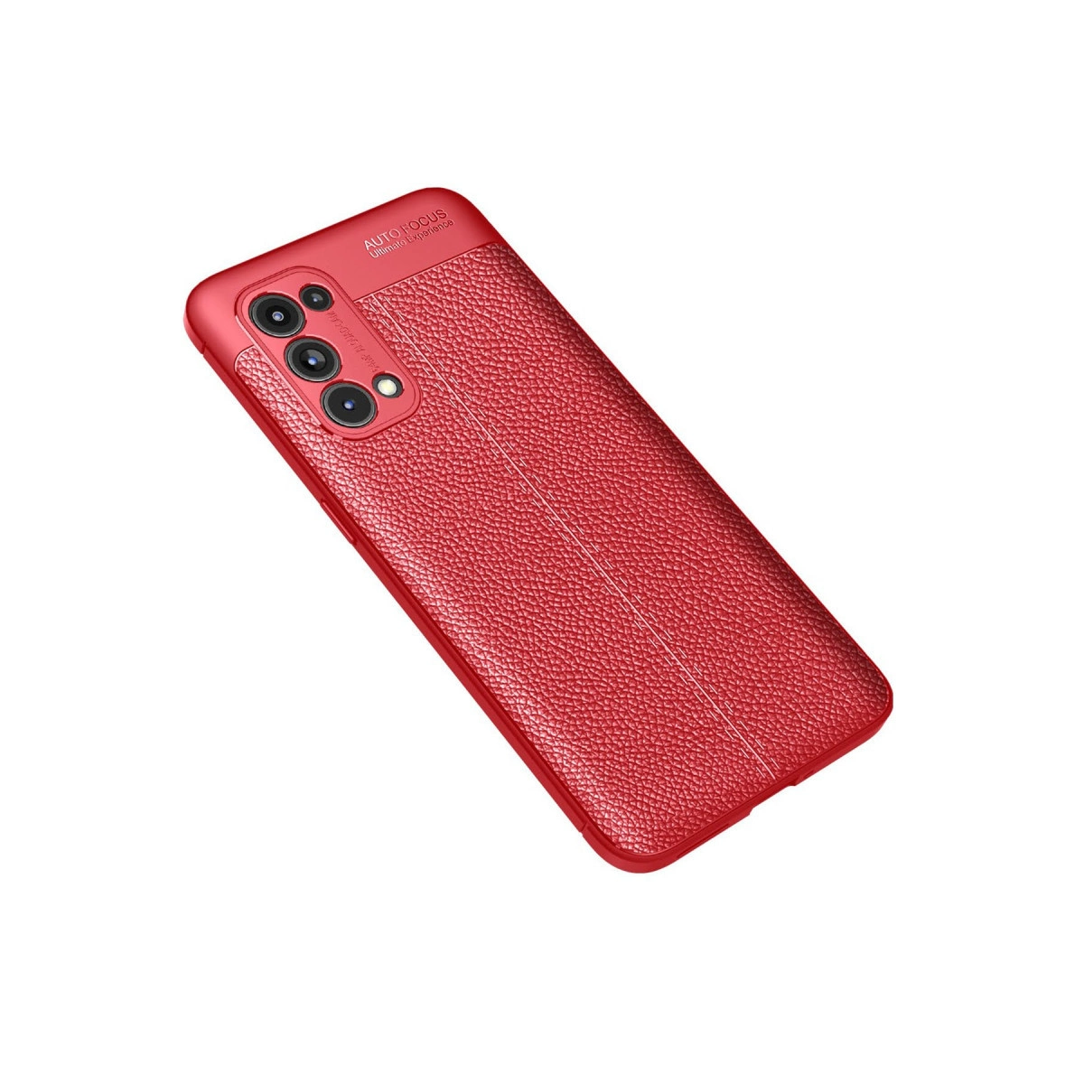 Dokulu yüzeyli ve kamera lensi kesimli kırmızı telefon kılıfı.