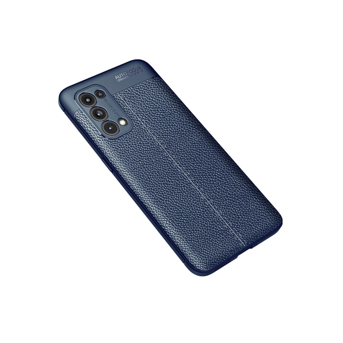 Dörtlü kamera sistemli, dokulu, lacivert telefon kılıfı.