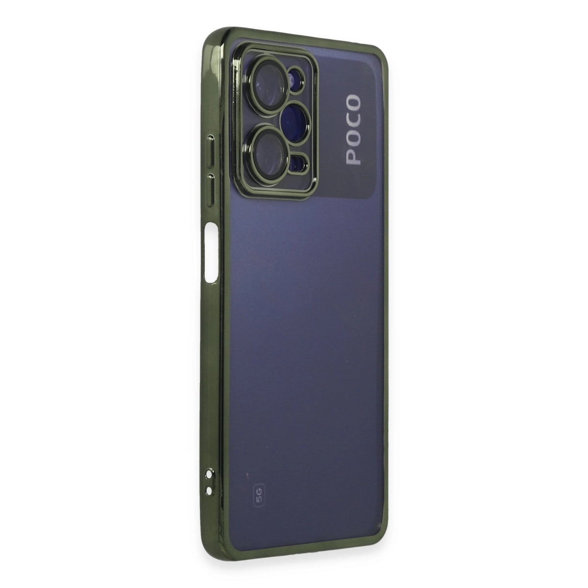 POCO logolu ve dört kamera lensli koyu mavi telefon kılıfı.