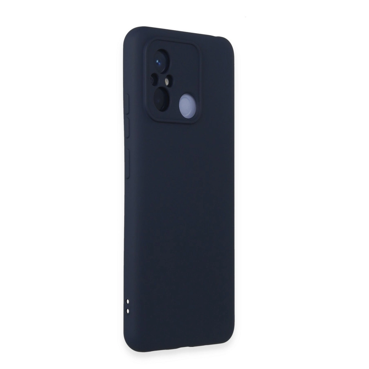 Koyu mavi telefon kılıfı, dikdörtgen kamera alanı ve yuvarlak düğmeleriyle.