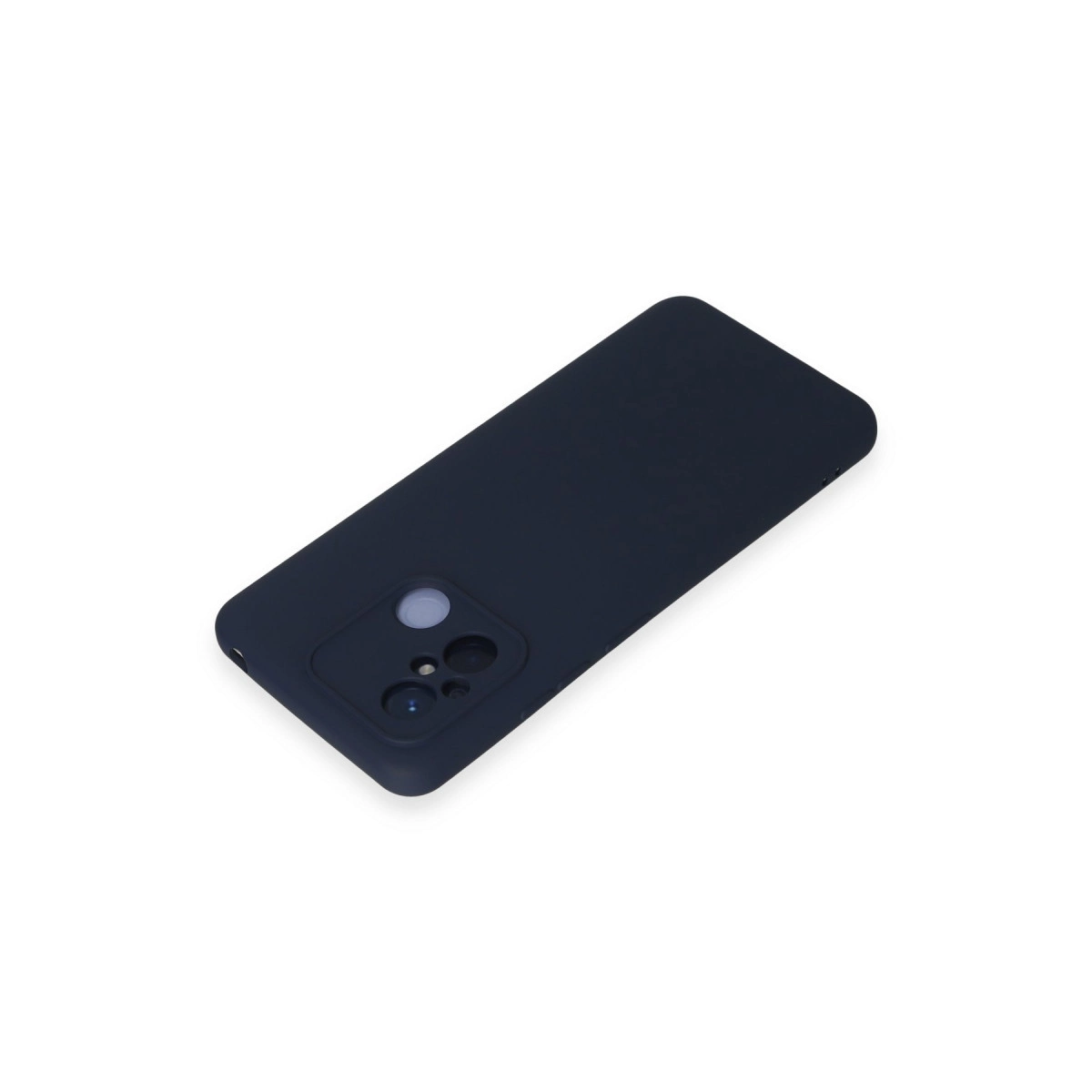 Kamera oyuntulu lacivert telefon kılıfı, beyaz zeminde.