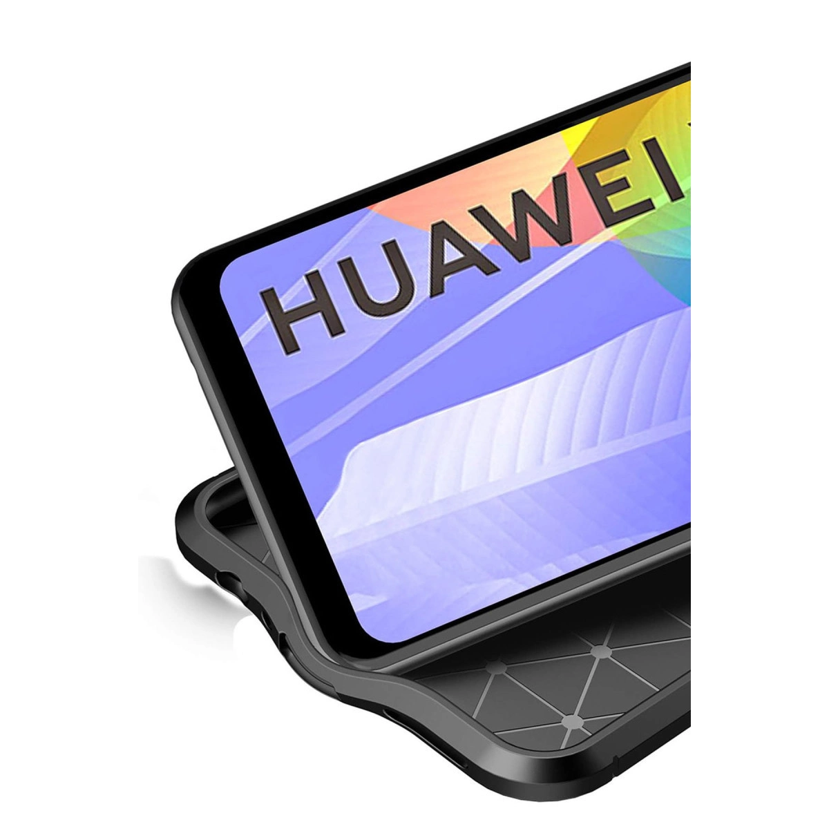 Ekranında Huawei logosu görünen, kılıflı siyah bir telefon.