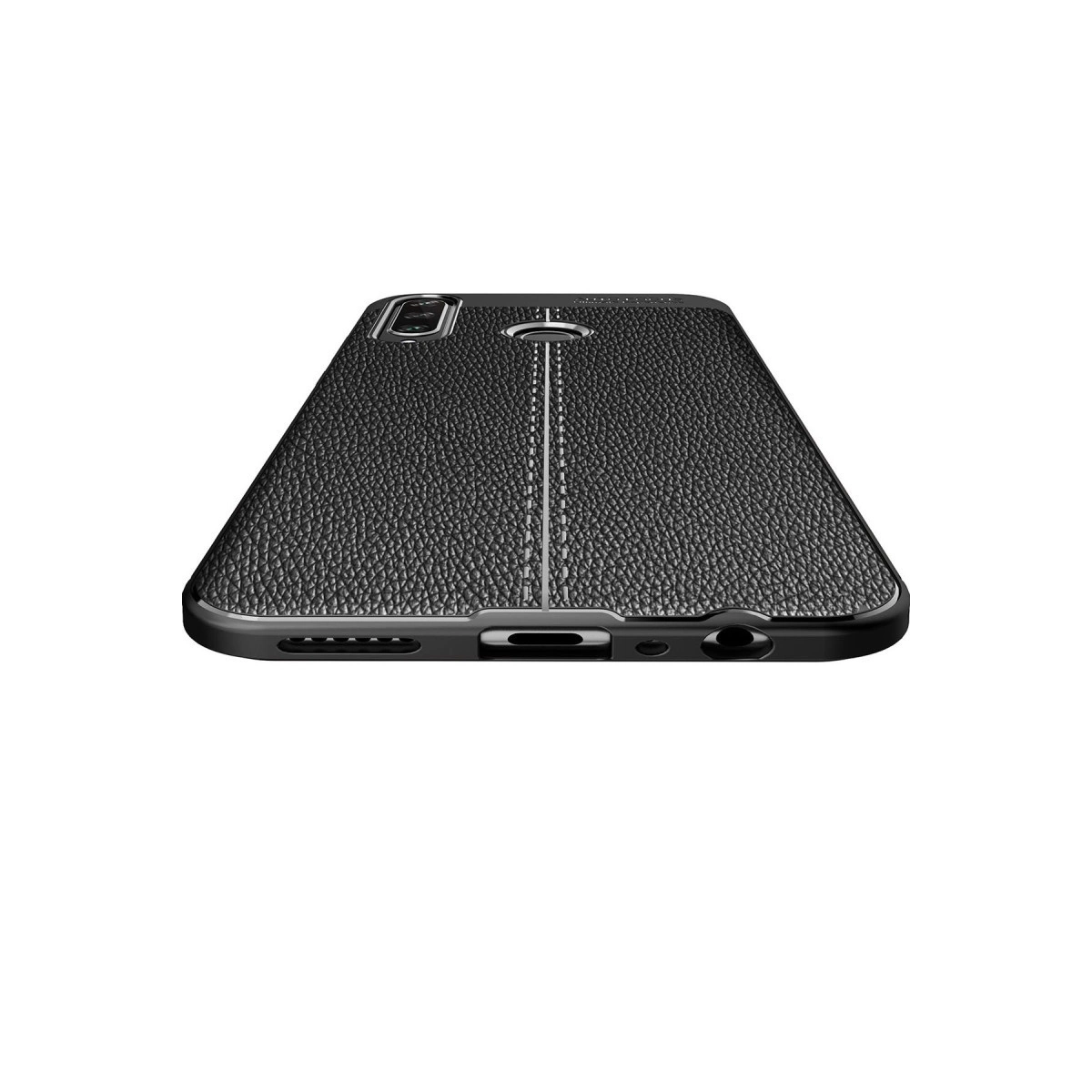 Dikişli siyah dokulu telefon kılıfı, kamera ve bağlantı noktalarını gösteriyor.