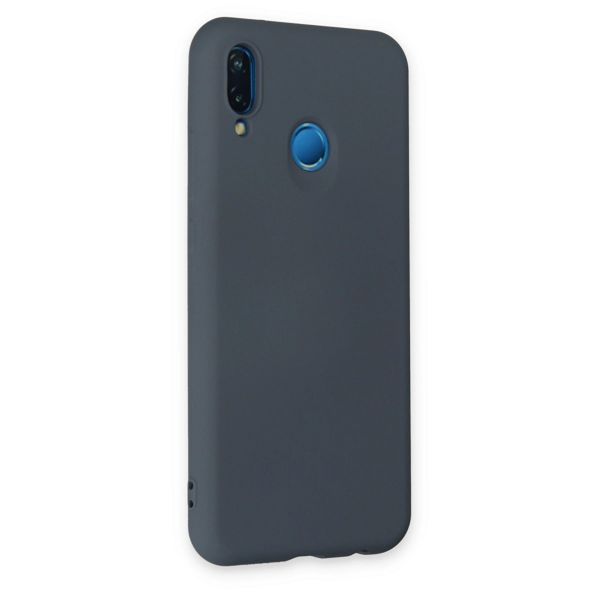 Kamera kesimli ve mavi parmak izi sensörlü koyu gri telefon kılıfı.