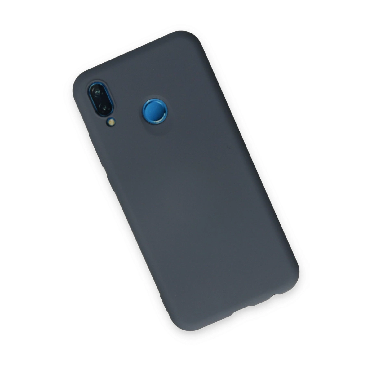 Mavi kamera ve parmak izi sensörlü koyu gri telefon kılıfı.