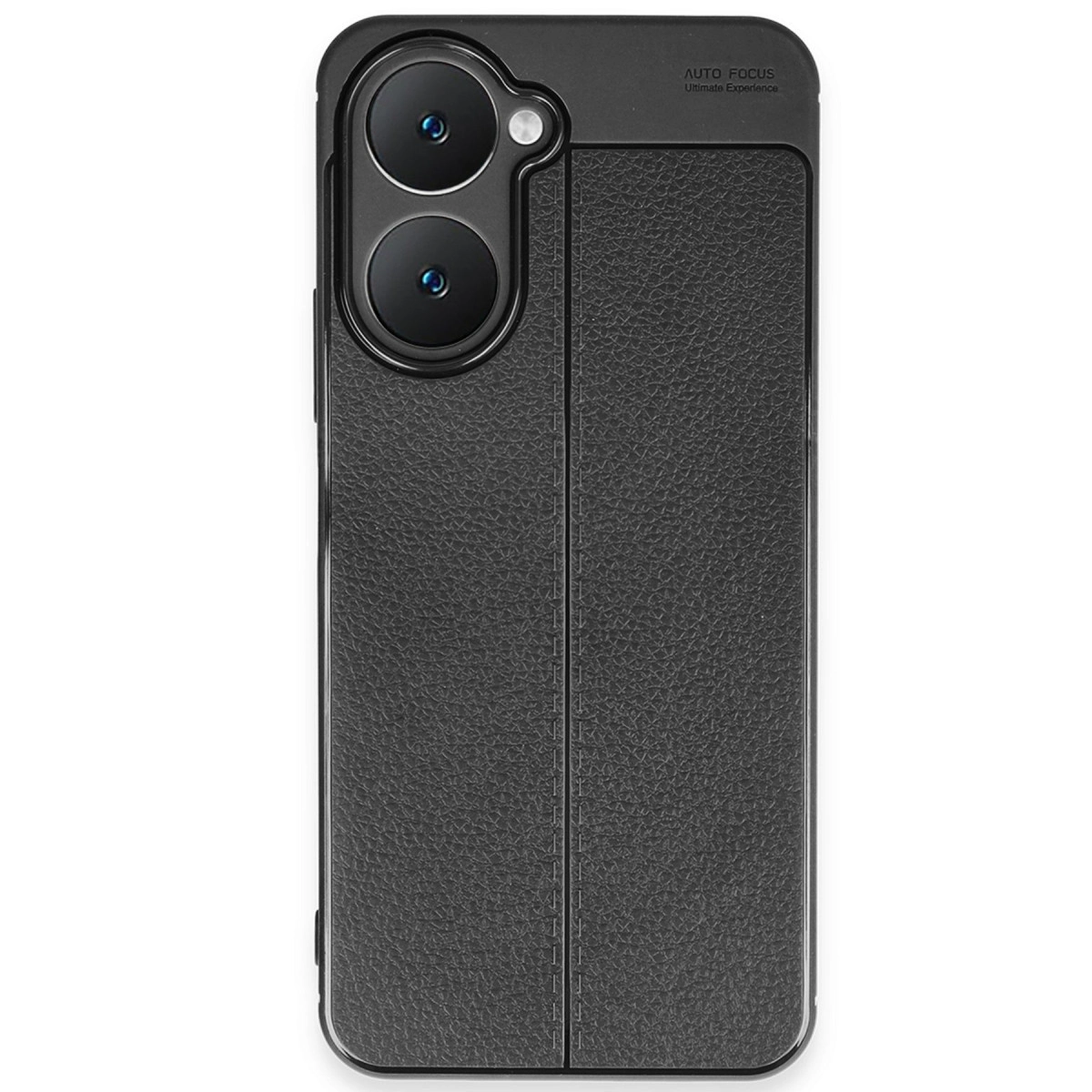Üst kısımda iki kamera lensi bulunan siyah, dokulu deri telefon kılıfı.