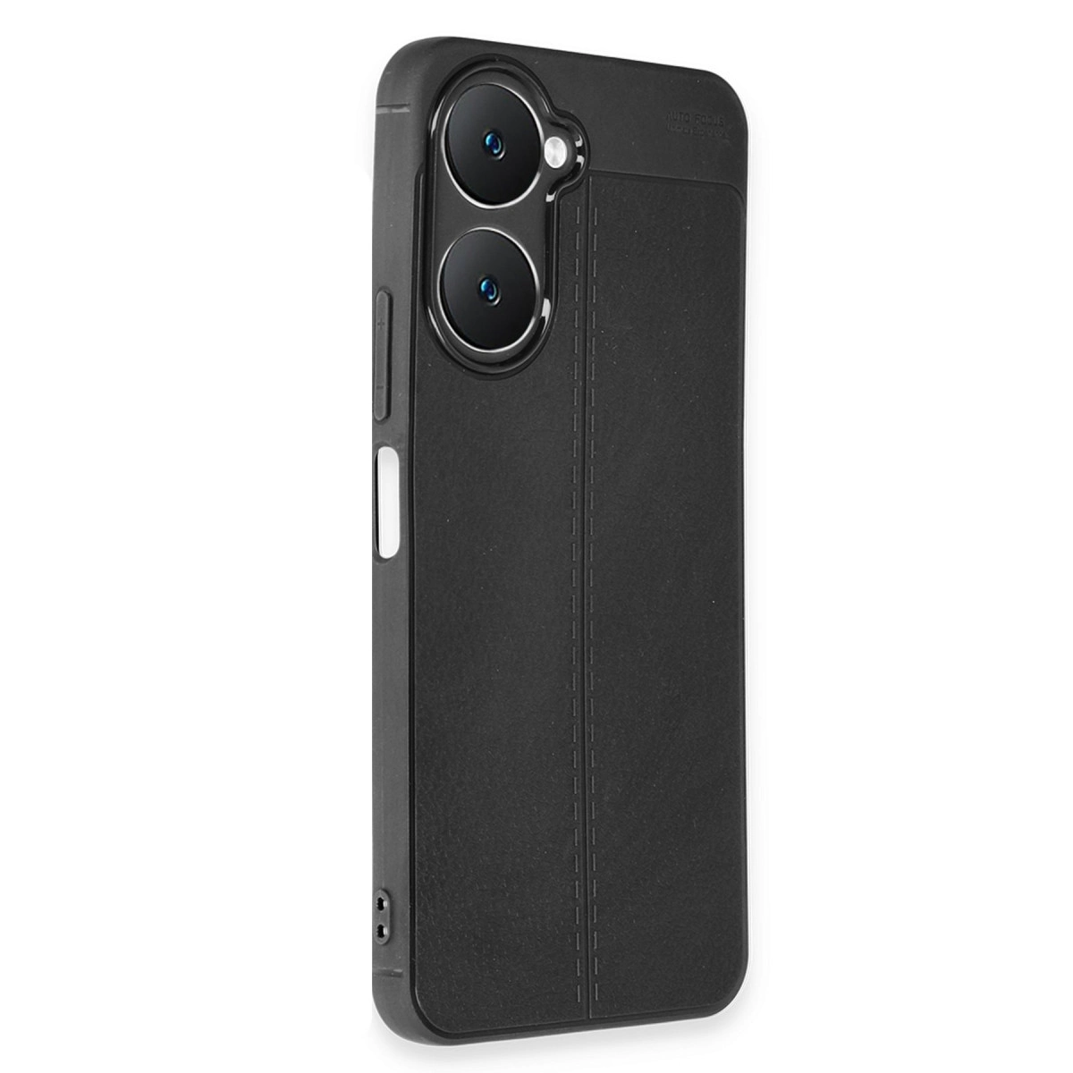 Çift lensli ve dikiş detaylı siyah telefon kılıfı.
