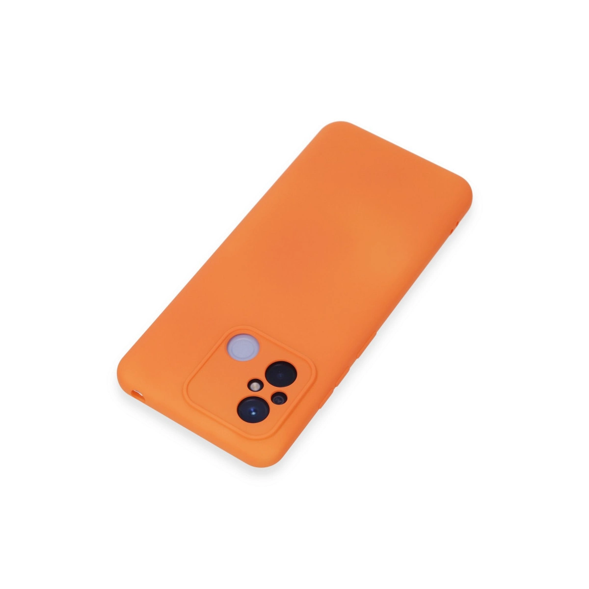 Beyaz arka plan üzerinde kamera oyuntulu turuncu telefon kılıfı.