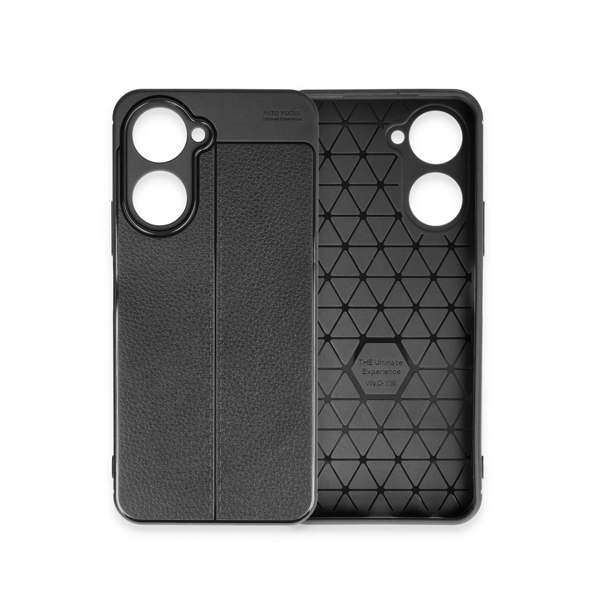 Deri dokulu ve geometrik iç desenli siyah telefon kılıfı.