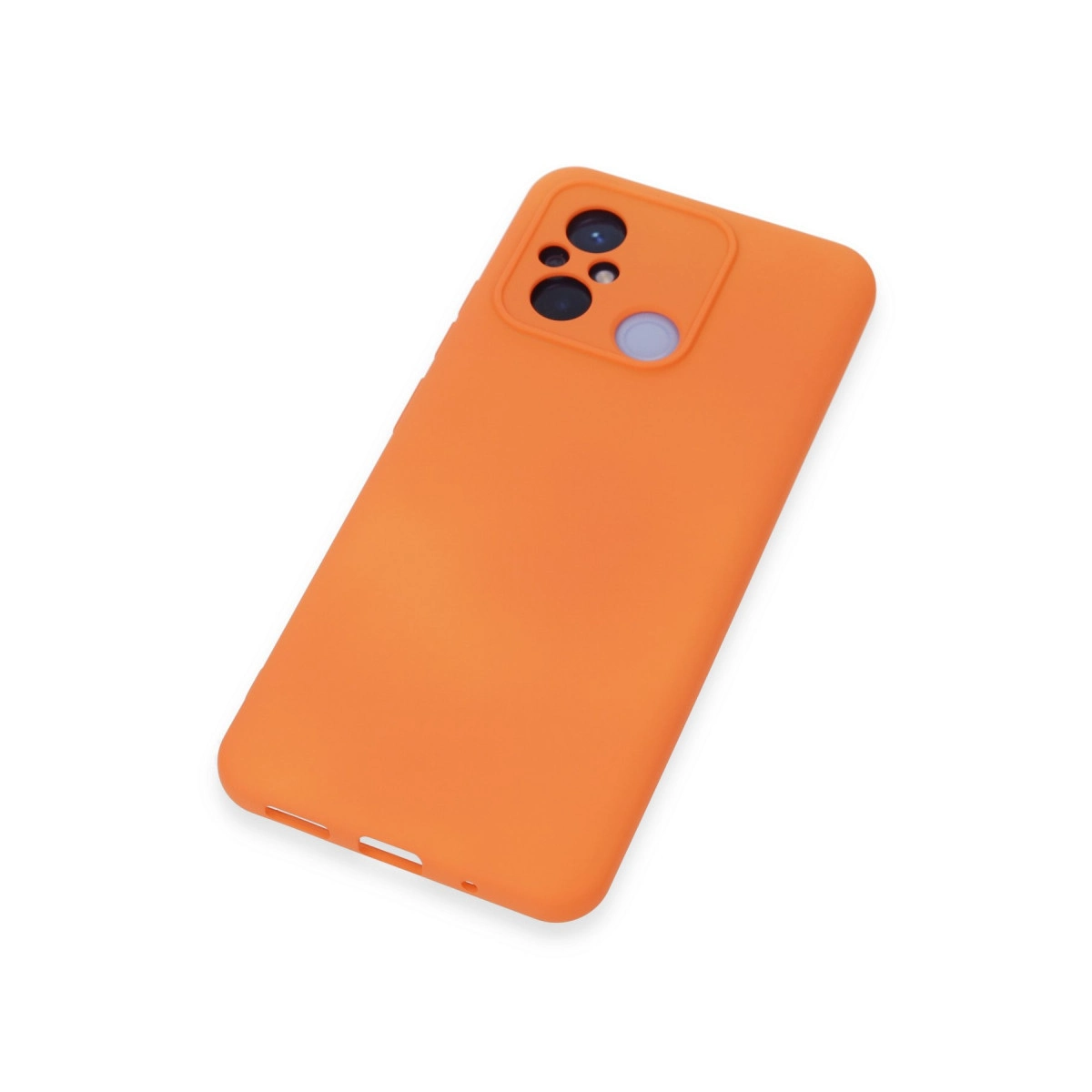 Kamera modüllü ve kesikli turuncu telefon kılıfı.