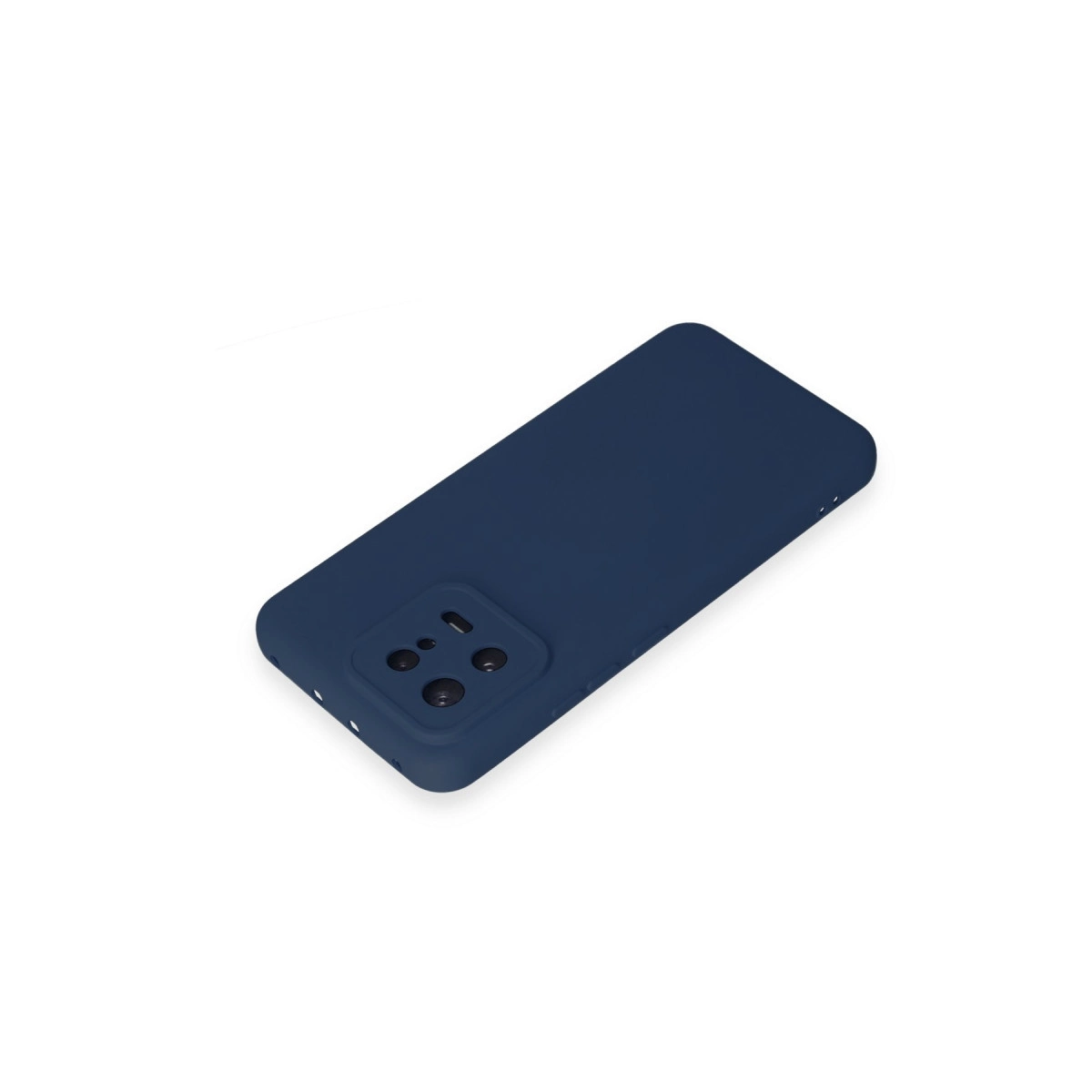 Koyu mavi telefon kılıfı, beyaz zeminde kamera kesiği.