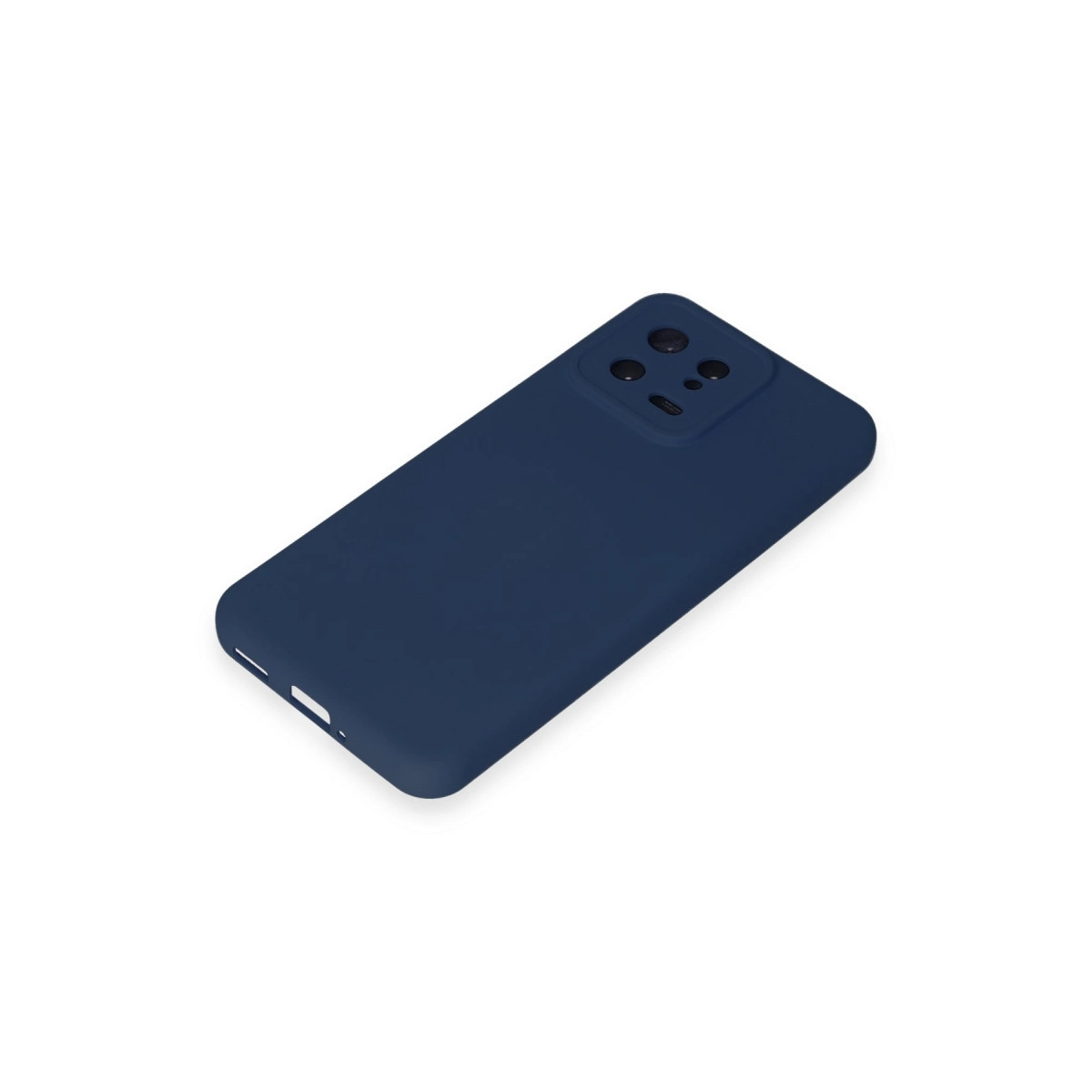 Beyaz arka plan üzerinde kamera oyuntulu lacivert telefon kılıfı.
