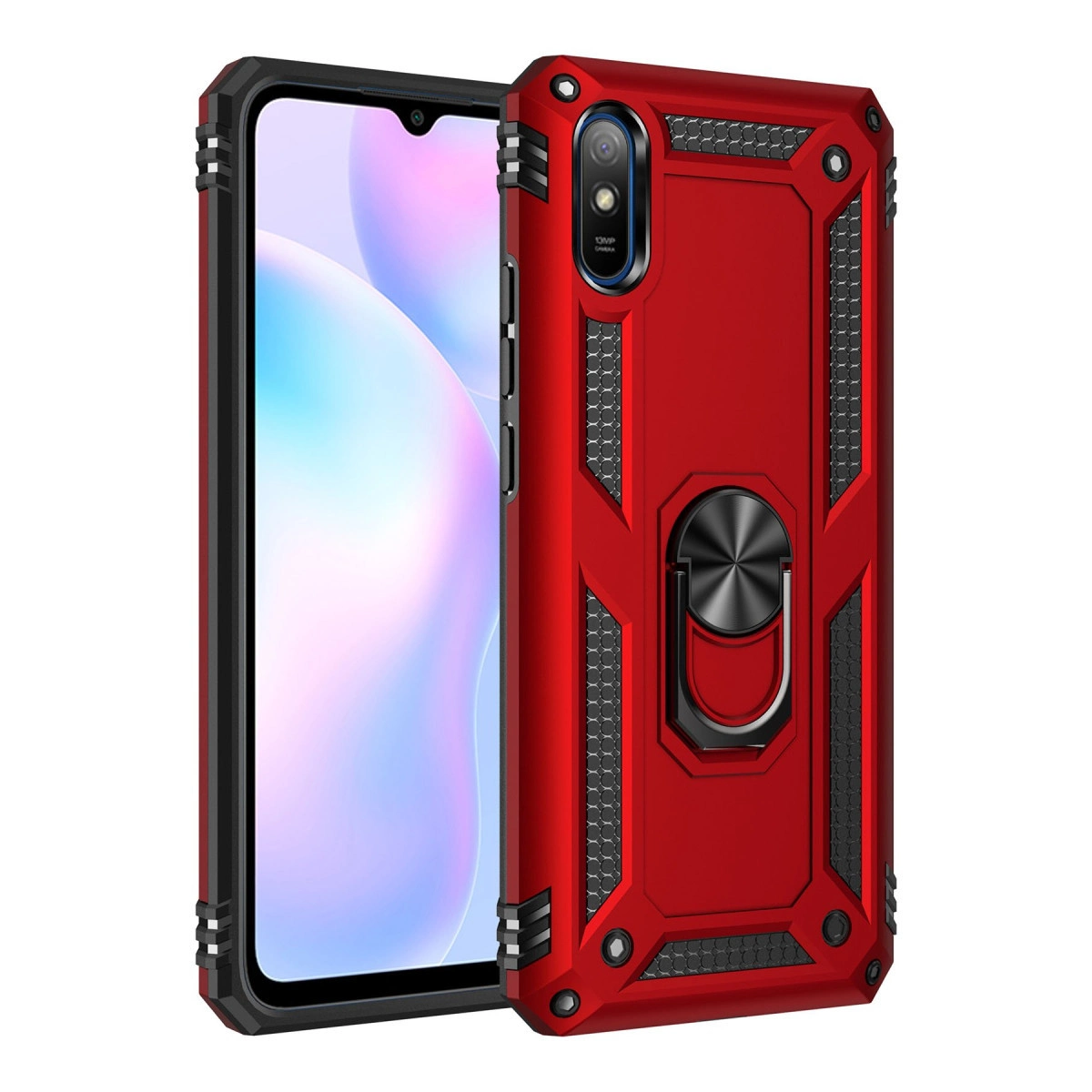 Metal halkalı ve siyah ızgara desenli kırmızı telefon kılıfı, beyaz arka plan üzerinde.
