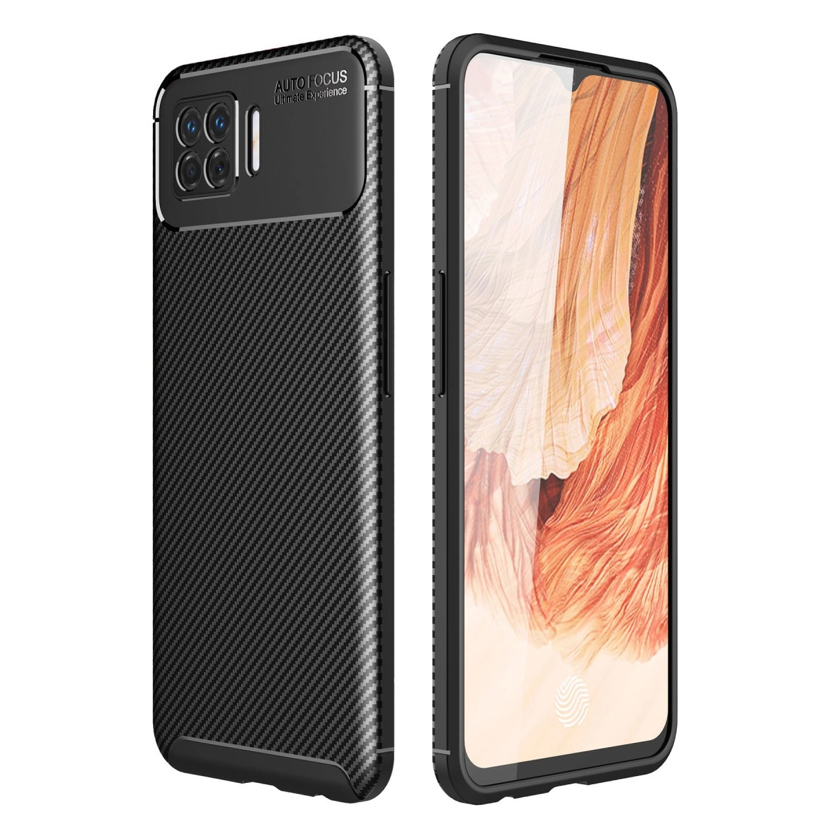 Karbon desenli siyah telefon kılıfı ve kamera modülü, yanında parlak arka planlı akıllı telefon.